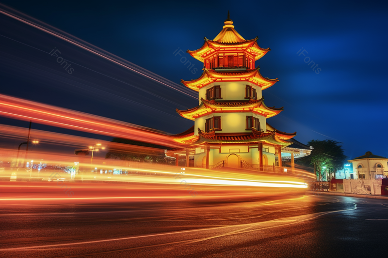 流光溢彩的中式古典风格地标性建筑物夜景,高清,摄影图,摄影图片,图片大全,摄影图免费下载